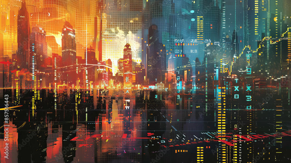 Financial troubles are affecting the economy, shown by falling charts and digital numbers against a backdrop of a modern city. Financial troubles are affecting the economy, shown by falling charts and digital numbers against a backdrop of a modern city.