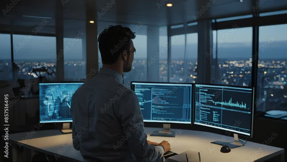Back view data scientist analyzing big data, with visualizations on the screen, in a contemporary office Back view data scientist analyzing big data, with visualizations on the screen, in a contemporary office