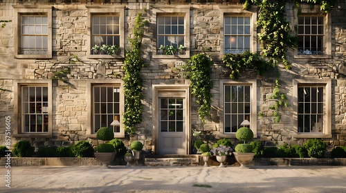 traditional manor house with a stone facade featuring mullioned windows and ivy climbing the walls, encapsulating the charm and history of rural aristocratic homes © Aeman
