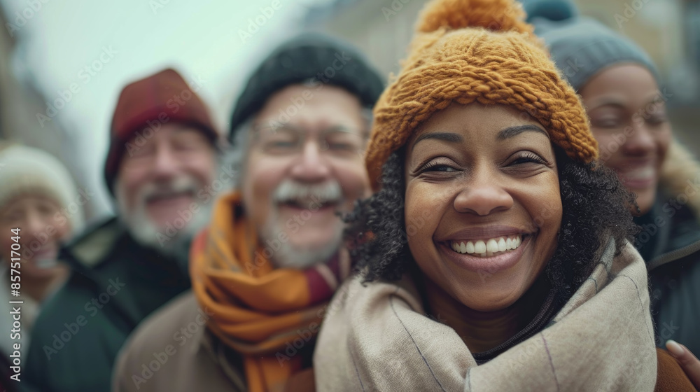 A young woman in a warm orange knit hat smiles brightly for the camera. She is surrounded by other people, all bundled up in winter clothing A young woman in a warm orange knit hat smiles brightly for the camera. She is surrounded by other people, all bundled up in winter clothing