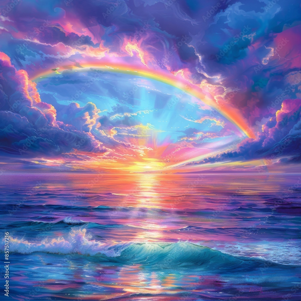 Background of Landscape. Rainbow Over the Ocean with Sunset View Background of Landscape. Rainbow Over the Ocean with Sunset View