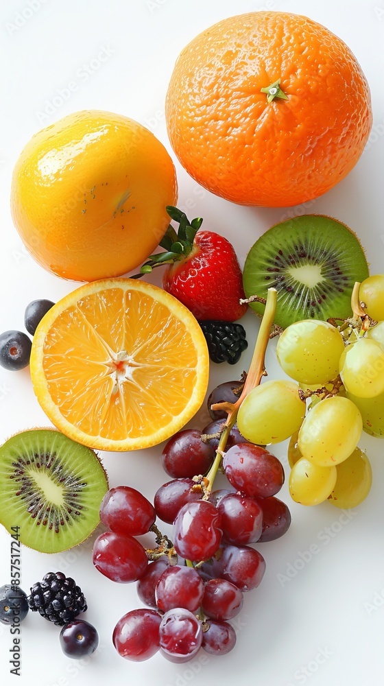Fresh assorted fruits on white background, healthy eating concept Fresh assorted fruits on white background, healthy eating concept