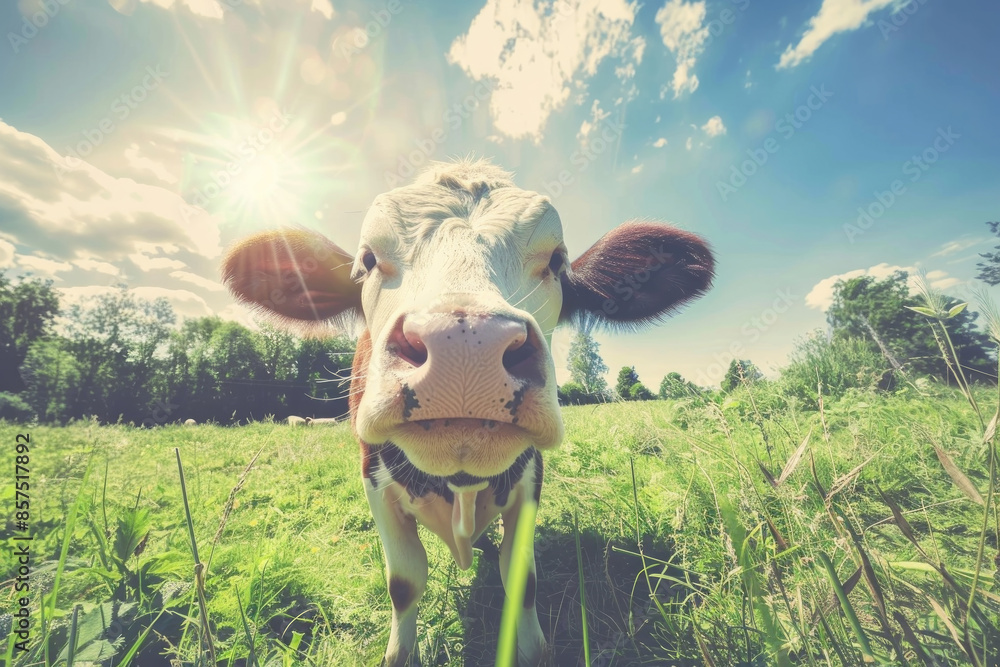 A close up of a cow in a green field on a sunny day. The cow is looking ...