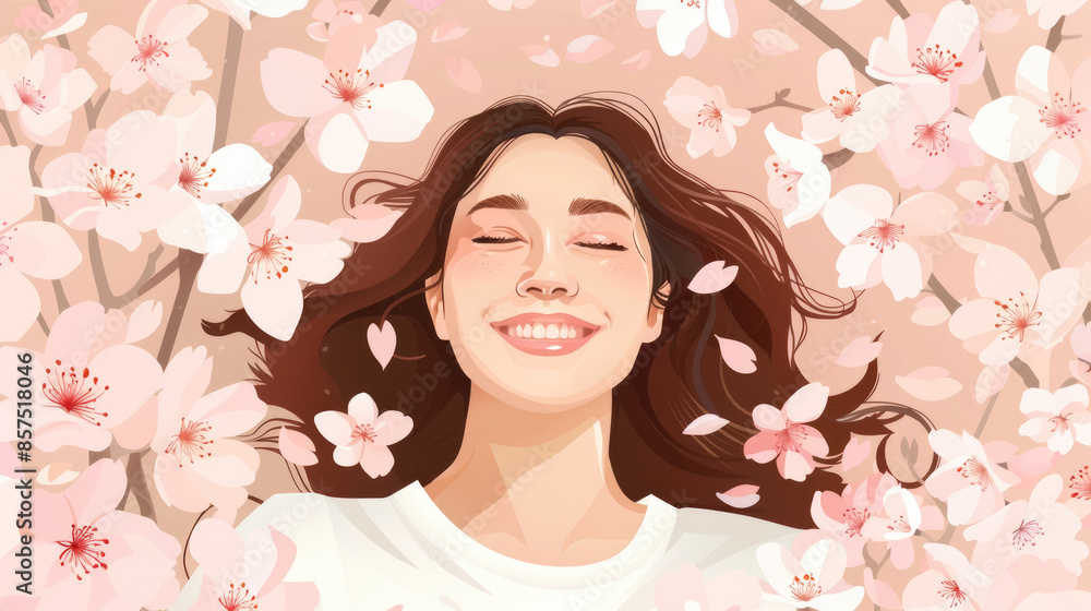 A digital illustration of a woman with long brown hair smiling while laying in a field of blooming cherry blossom trees A digital illustration of a woman with long brown hair smiling while laying in a field of blooming cherry blossom trees