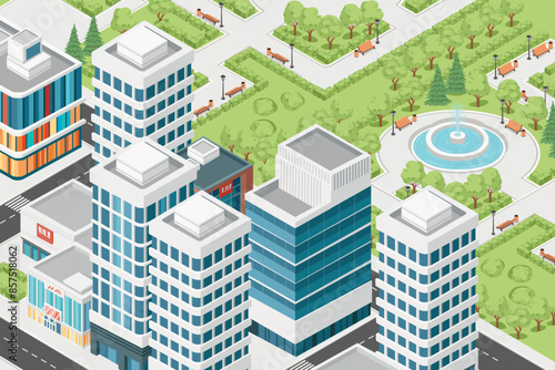 Three-dimensional isometric view showcasing bustling streets, towering skyscrapers, and a serene park. Urban modern city design, vector illustration
