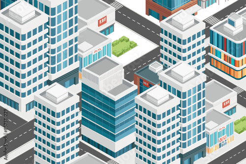 Three-dimensional isometric view showcasing bustling streets, towering skyscrapers. Urban modern city design, vector illustration