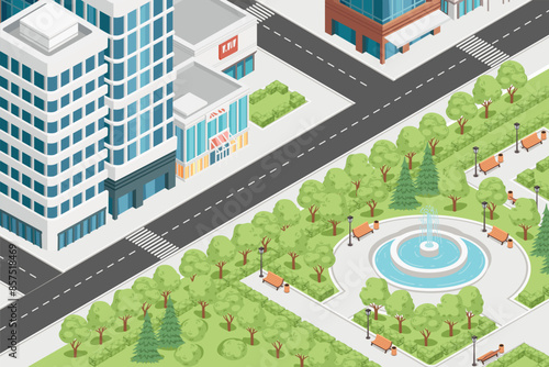 Three-dimensional isometric view showcasing bustling streets, towering skyscrapers, and a serene park. Urban modern city design, vector illustration