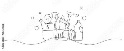 Bucket with cleaning supplies in one continuous line drawing. Cleanup and washing concept in simple linear style. Household and housekeeping symbol in editable stroke. Outline vector illustration