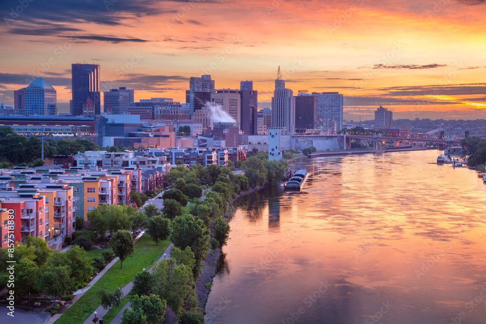 Saint Paul, Minnesota, USA. Aerial cityscape image of downtown St. Paul, Minnesota, USA with reflection of the skyline in Mississippi River at beautiful summer sunrise.