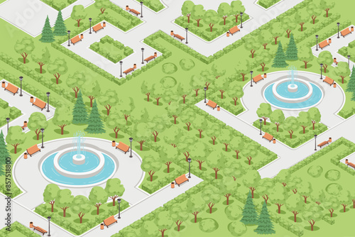 Isometric city park landscape design concept with water fountain vector illustration