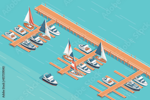 Three-dimensional isometric view showcasing marina pier sailboat and yacht harbor vector illustration