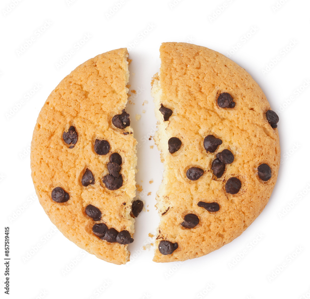 Tasty broken cookie with chocolate chips on white background Tasty broken cookie with chocolate chips on white background