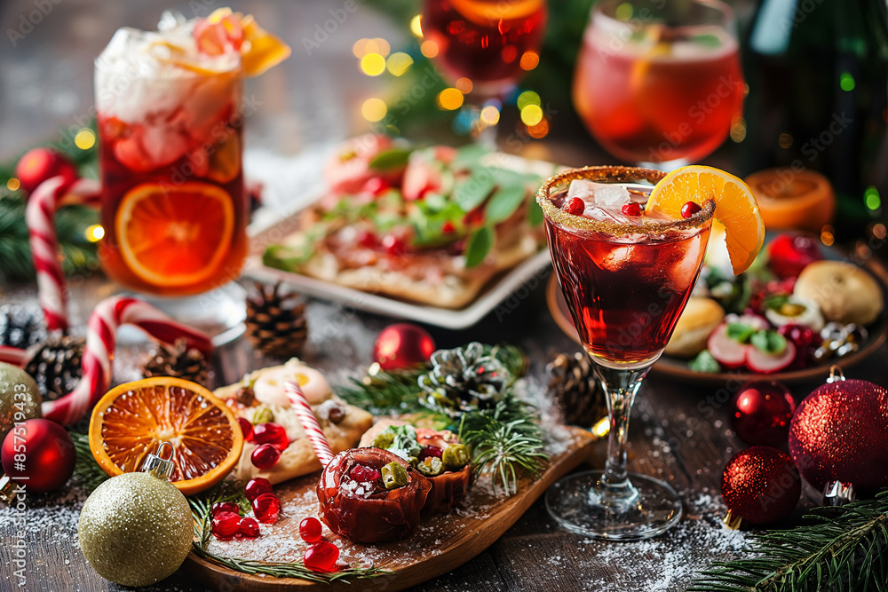 christmas mulled wine, A festive image of a holiday aperitif for a Christmas party, featuring a variety of drinks and appetizers beautifully arranged on a festive table christmas mulled wine, A festive image of a holiday aperitif for a Christmas party, featuring a variety of drinks and appetizers beautifully arranged on a festive table