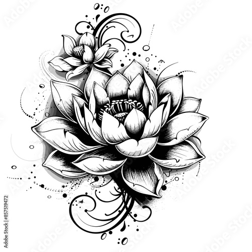 beautiful lotus flower on a white background black and white vector illustration in tattoo style