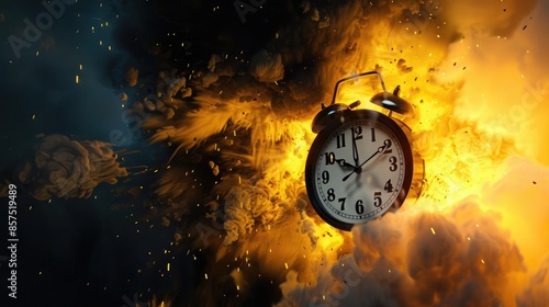 A burst of bright yellow and black smoke, including a 3D animated clock with its hands spinning rapidly