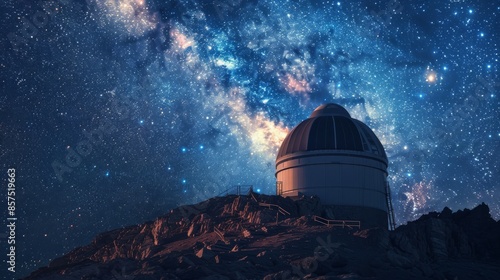 Astronomical Observatory on the top of the mountain. Mixed media