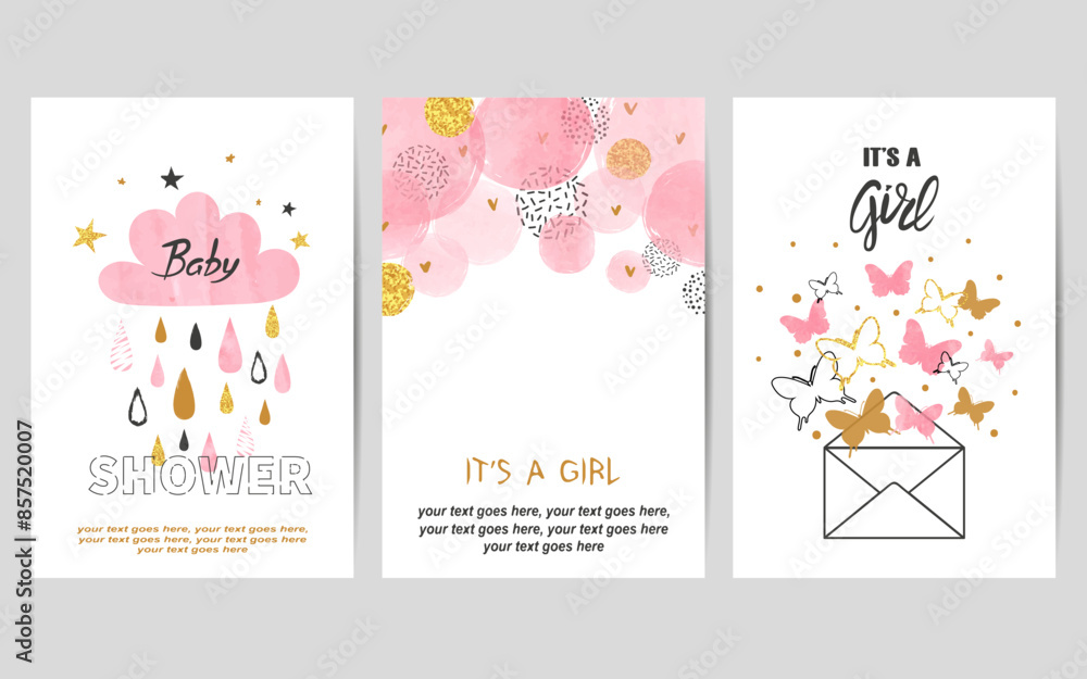 Baby shower girl cards set. Vector invitation birthday party card design Baby shower girl cards set. Vector invitation birthday party card design