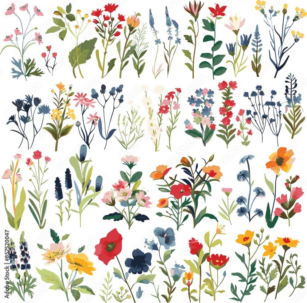 Obraz premium Watercolor wildflowers and leaves illustration set,,Beautiful floral set with watercolor hand drawn,Stock illustration,wild plants, flowers. Garden, meadow,