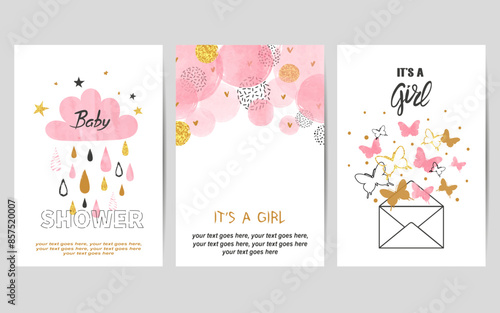 Baby shower girl cards set. Vector invitation birthday party card  design