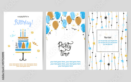 Happy Birthday cards set in blue and golden colors. Celebration vector posters with birthday cake and balloons