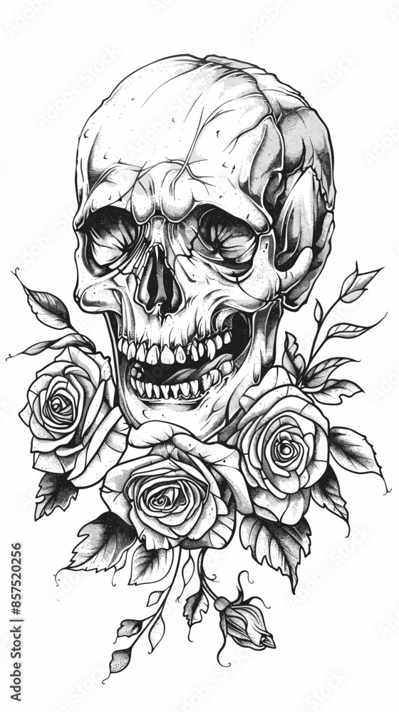 A skull with roses is drawn on a white background. The skull is surrounded by roses, which gives the image a romantic and eerie vibe A skull with roses is drawn on a white background. The skull is surrounded by roses, which gives the image a romantic and eerie vibe