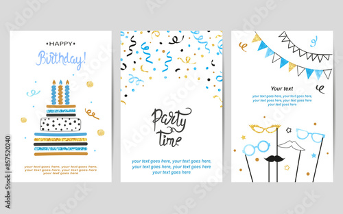 Happy Birthday cards set in blue and golden colors. Celebration vector posters with birthday cake and confetti