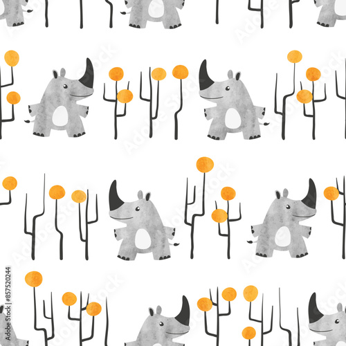 Seamless childish pattern with cute rhino and abstract trees. Vector watercolor illustration