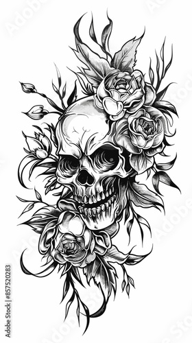 Wallpaper Mural A skull with roses is drawn on a white background. The skull is surrounded by roses, which gives the image a romantic and eerie vibe Torontodigital.ca