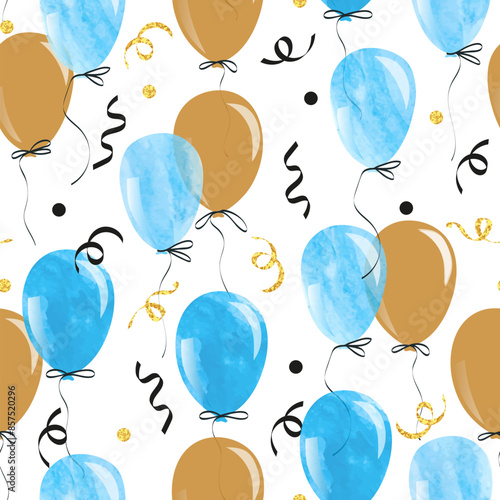 Watercolor blue and gold balloons seamless pattern. Vector celebration background