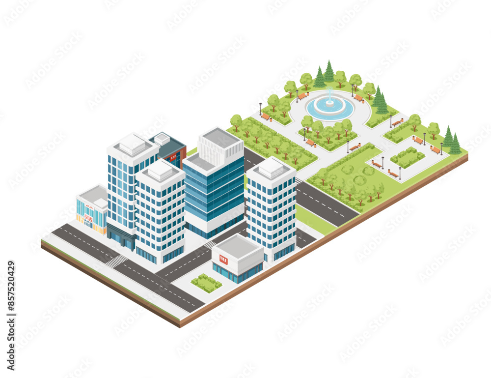 Three-dimensional isometric view showcasing bustling streets, towering skyscrapers, and a serene park. Urban modern city design, vector illustration isolated on white background Three-dimensional isometric view showcasing bustling streets, towering skyscrapers, and a serene park. Urban modern city design, vector illustration isolated on white background