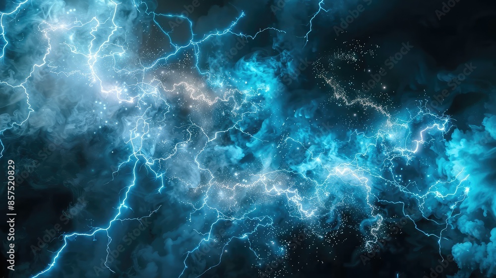 A cascade of electric blue and silver smoke, simulating lightning striking through a dark night A cascade of electric blue and silver smoke, simulating lightning striking through a dark night