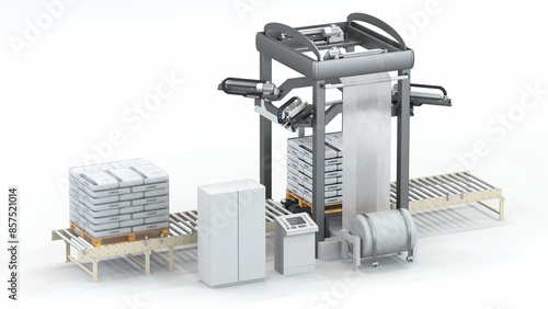 Stretch hood machine on a white background. Automatic pallet packaging line. 3D rendering