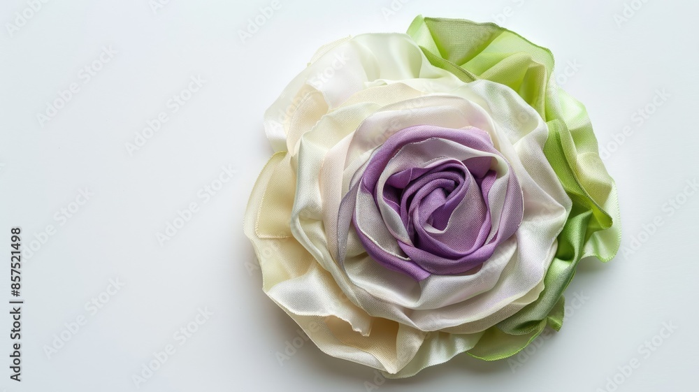 Delicate fabric flower with purple, white, and green petals on white background Delicate fabric flower with purple, white, and green petals on white background