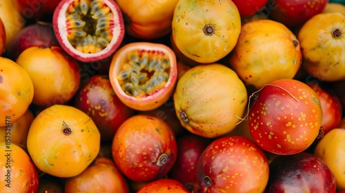 Exotic fruit background. Horizontal wallpaper full of passion fruits. Organic vitamin harvest season photo