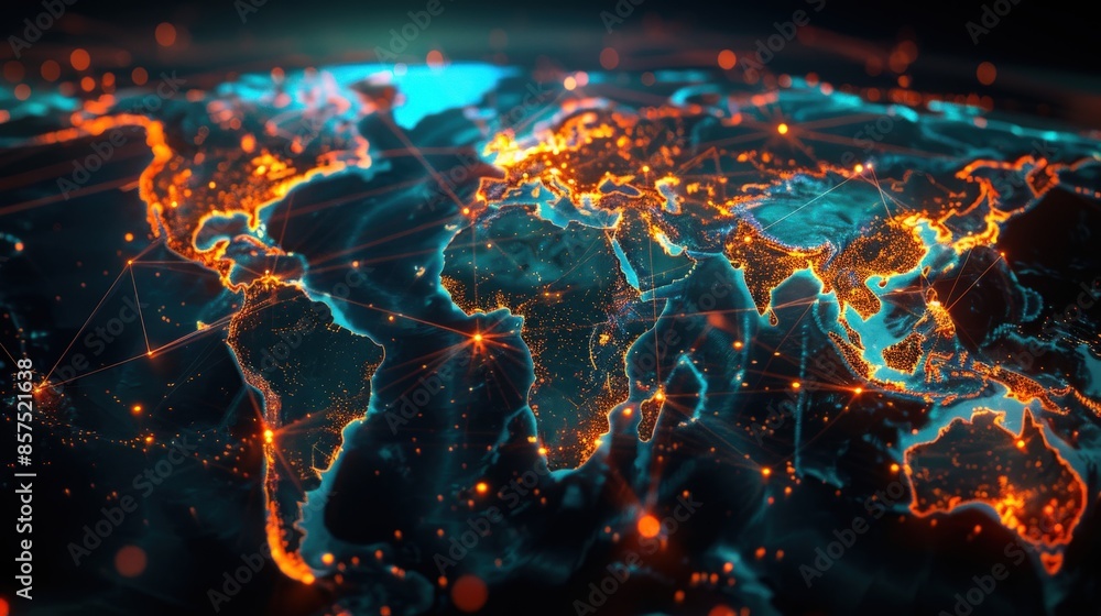 A globe with a network of lines and dots that are orange and blue. The globe is lit up and he is a representation of the world's internet A globe with a network of lines and dots that are orange and blue. The globe is lit up and he is a representation of the world's internet