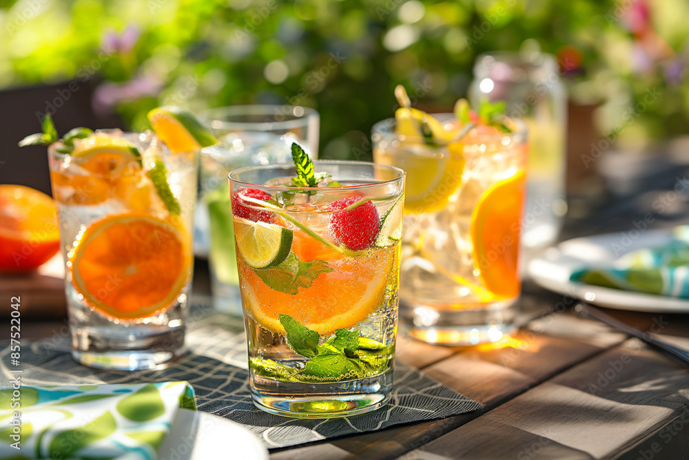 cocktail with lime and mint, A refreshing image of glasses filled with cold summer cocktails, each garnished beautifully and served on a stylish summer-themed table setting cocktail with lime and mint, A refreshing image of glasses filled with cold summer cocktails, each garnished beautifully and served on a stylish summer-themed table setting