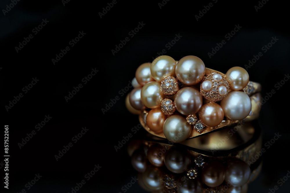 pearl ring on black background, A stunning image of a jewelry piece, specifically a ring adorned with pearls, set against a black background pearl ring on black background, A stunning image of a jewelry piece, specifically a ring adorned with pearls, set against a black background
