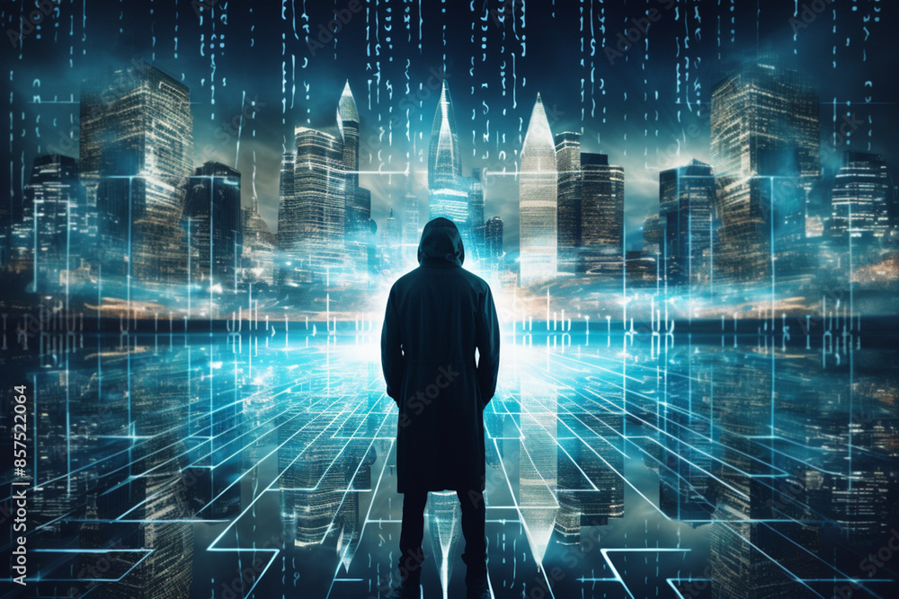 cybersecurity concept. Futuristic double exposure. Unknown man and city overlayed with data. High quality photo cybersecurity concept. Futuristic double exposure. Unknown man and city overlayed with data. High quality photo