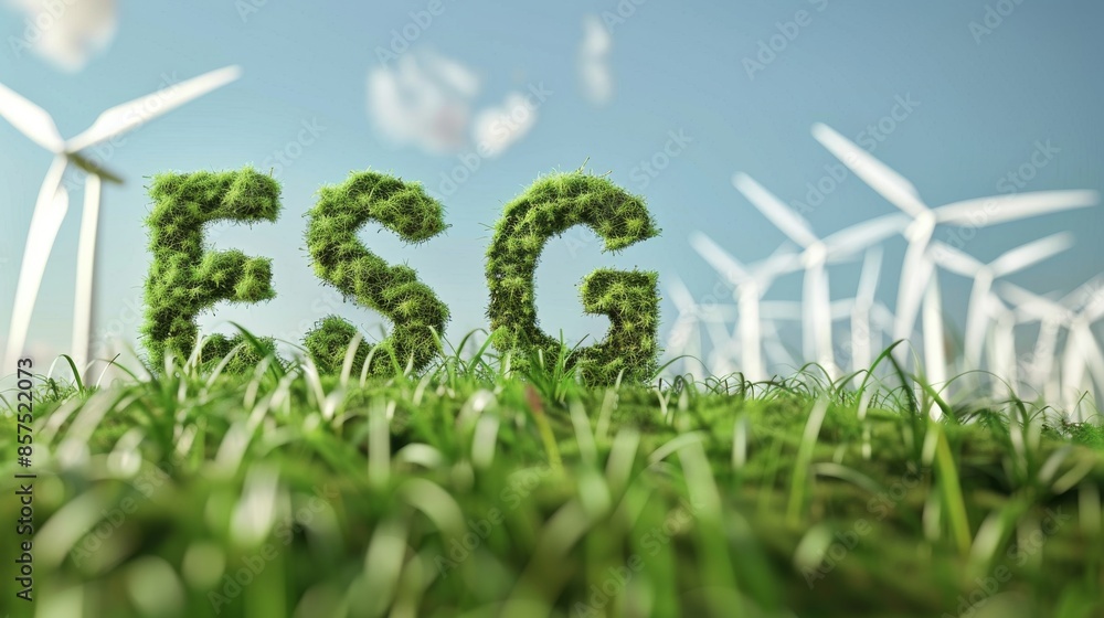 ESG letters formed by green foliage in a field with wind turbines in background, sustainability and renewable energy concept ESG letters formed by green foliage in a field with wind turbines in background, sustainability and renewable energy concept