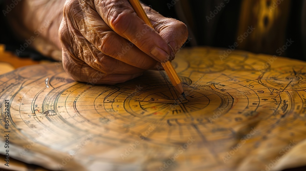 An_astrologer_draws_with_a_pencil_on_a_natal_chart. generative ai image An_astrologer_draws_with_a_pencil_on_a_natal_chart. generative ai image