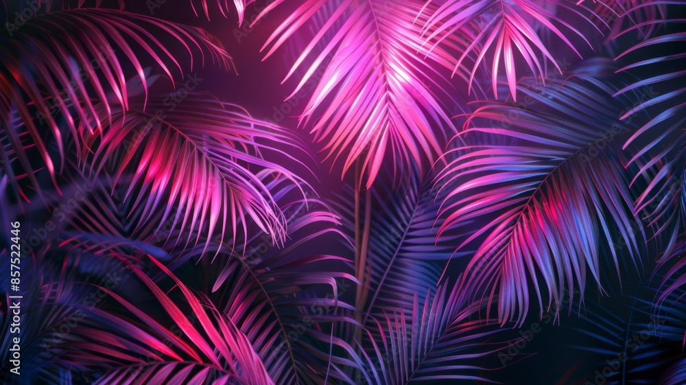 A background image of neon illuminating palm leaves with sand behind A background image of neon illuminating palm leaves with sand behind