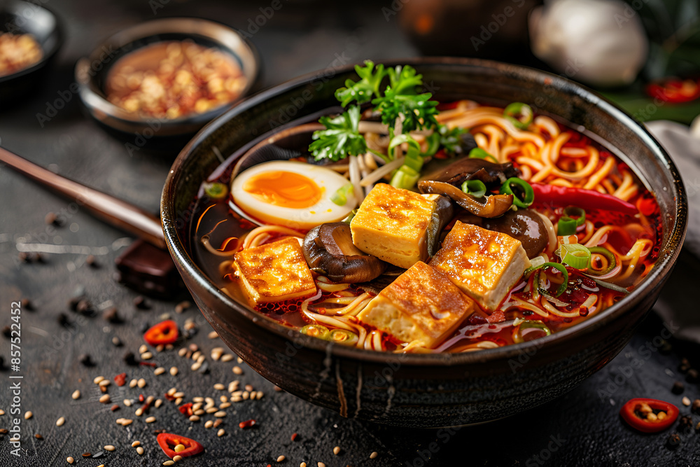 Asian noodle soup, ramen with tofu, vegetables, shiitake mushrooms and eggs in black bowl Asian noodle soup, ramen with tofu, vegetables, shiitake mushrooms and eggs in black bowl