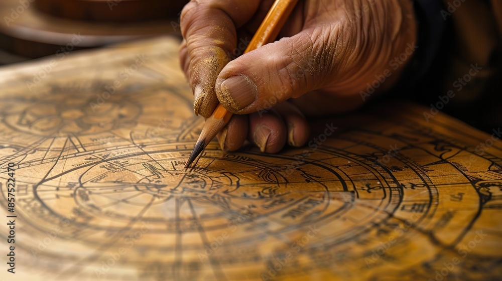 An_astrologer_draws_with_a_pencil_on_a_natal_chart. generative ai image An_astrologer_draws_with_a_pencil_on_a_natal_chart. generative ai image