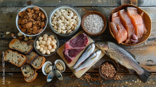 Vitamin B12 Rich Foods Overhead on Wooden Table  photo