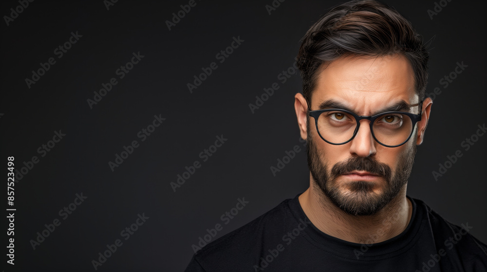 A serious man with glasses and a beard, dressed in a black shirt, poses against a dark background A serious man with glasses and a beard, dressed in a black shirt, poses against a dark background