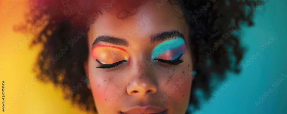 A woman with colorful makeup on her face. The makeup is bright and bold, with a pink and yellow color scheme. The woman has a confident and playful expression on her face. Free copy space for text. A woman with colorful makeup on her face. The makeup is bright and bold, with a pink and yellow color scheme. The woman has a confident and playful expression on her face. Free copy space for text.