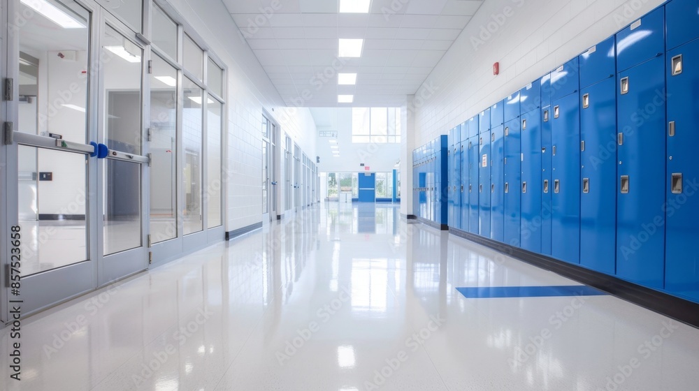 Fototapeta Bright Modern School Hallway with Blue Lockers - Generative AI