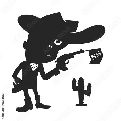 Funny Cartoon Vector of a Cowboy Boy Silhouette Shooting a Toy Gun Bang!
