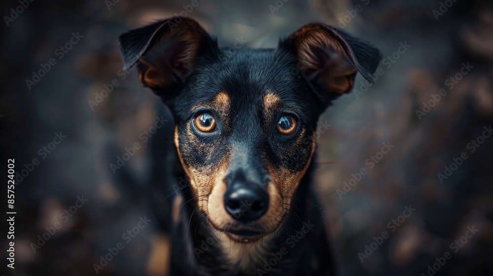 A black and brown dog with brown eyes stares at the camera A black and brown dog with brown eyes stares at the camera