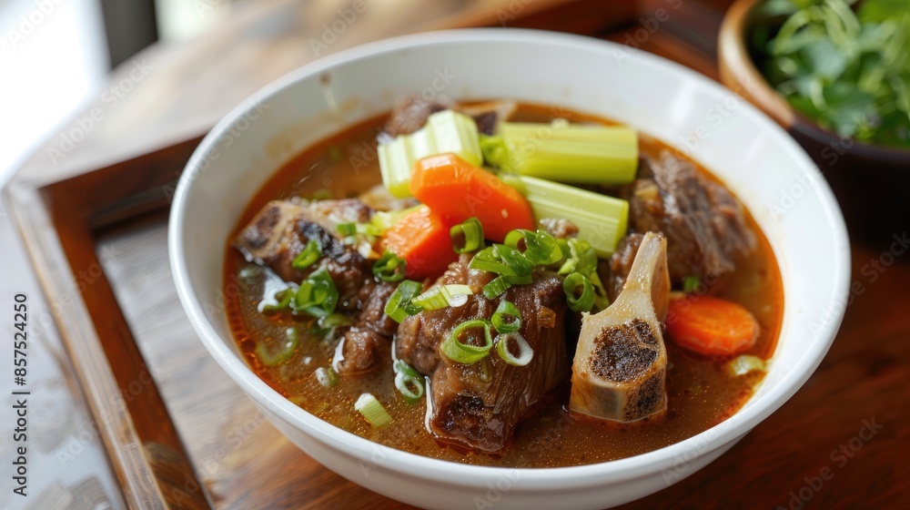 Beef Rib Soup in a white bowl on a wooden table Traditional Indonesian dish with beef ribs carrots leeks and celery With focused view Beef Rib Soup in a white bowl on a wooden table Traditional Indonesian dish with beef ribs carrots leeks and celery With focused view